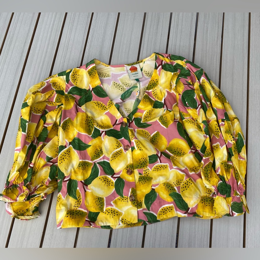 FARM Rio Yellow Pink Lemon Print Puff Sleeve Blouse - Picture 4 of 5